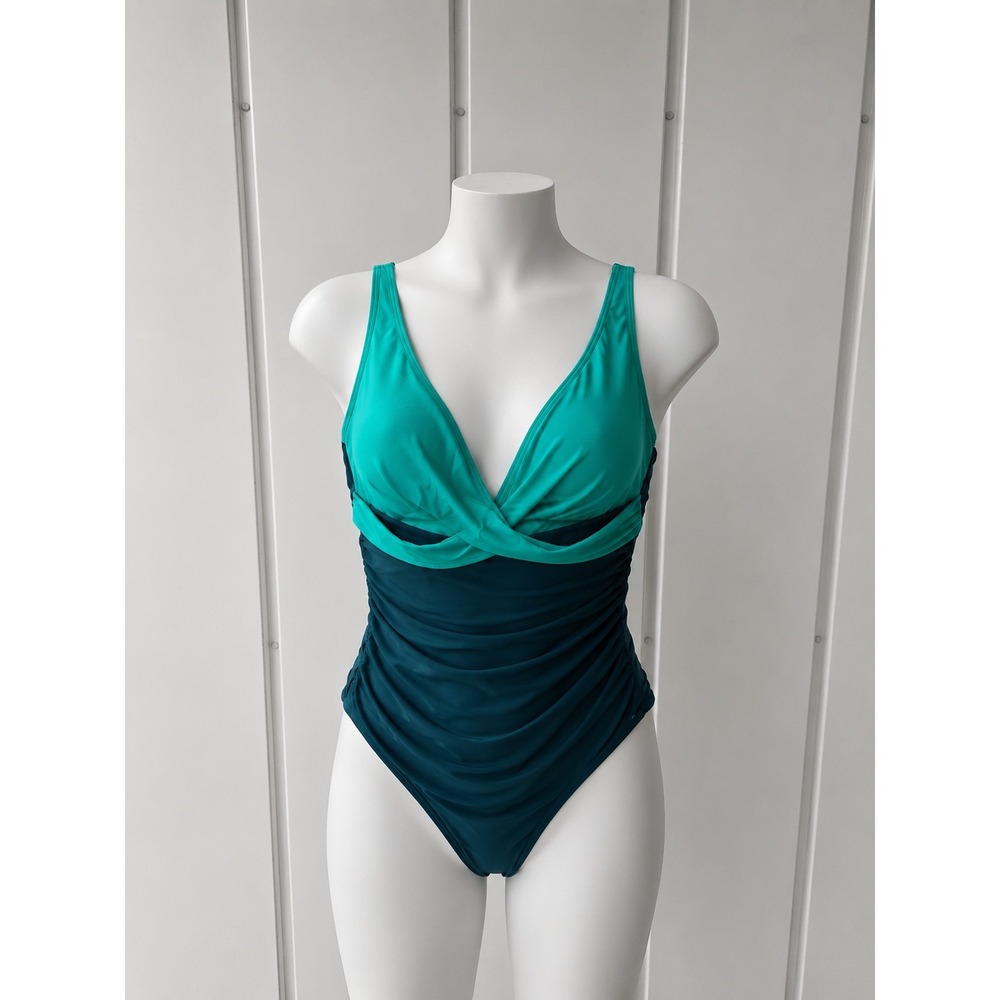 Eomenie Womens One Piece Swimsuit Teal Ruched V-Neck Tie Back Swimwear Size XL